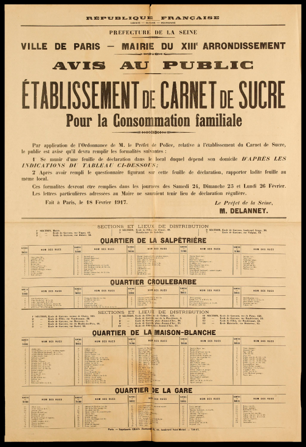Eine alte Zeitungsanzeige zur Gründung des Carnet de Sucre für die Consommation Familiale, die den Text zur Gründung enthält.