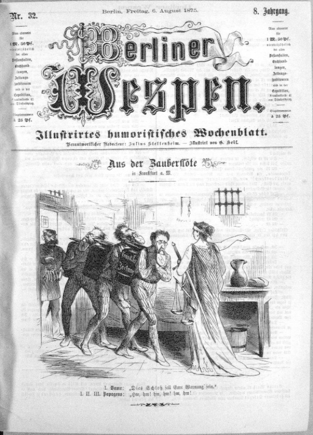 Altes Schwarz-Weiß-Foto einer Zeitungsseite mit der Überschrift 'Berliner Wespen, 6. August 1875', das eine Gruppe verängstigter Menschen zeigt, einige schauen nach oben in Angst und andere nach unten in Verwirrung.