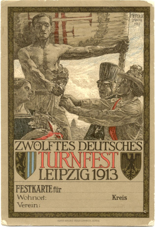 Plakat für das Zwölfte Deutsche Turnfest Leipzig 1913, das eine zentrale Gruppe von Menschen mit Texten zeigt, die Details des Ereignisses bereitstellen.