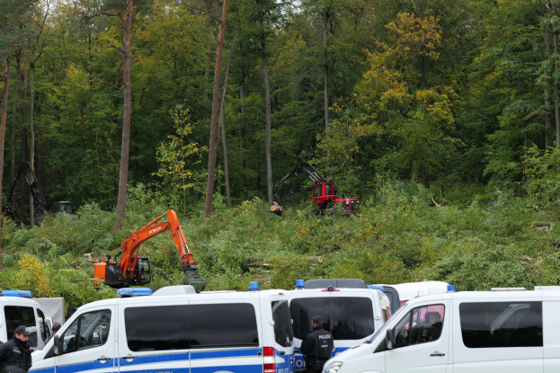 Eine Gruppe von Polizeiwagen in einem Waldgebiet geparkt, daneben stehen Officers mit Mützen und Jacken, im Hintergrund ist ein Bagger zu sehen, darüber Himmel und Bäume.
