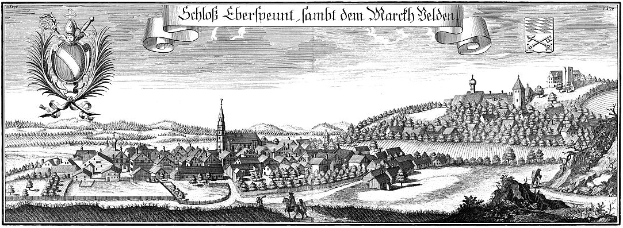 Ein Schwarz-Weiß-Druck einer Stadt mit einem Schloss im Hintergrund, umgeben von Häusern, Bäumen, Höhen und Menschen, mit der Aufschrift "Schof Eberpeunt, Lambt den March Helden" oben.