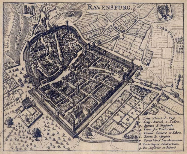 Detailierte alte Karte von Ravensburg, Deutschland, zeigt Straßen, Gebäude, Parks und Sehenswürdigkeiten auf altem Papier.
