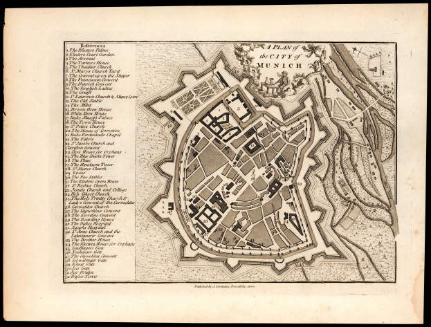 Ausführliche alte Karte von München, Deutschland, mit Straßen, Gebäuden und Sehenswürdigkeiten auf einem schwarzen Hintergrund, begleitet von beschreibendem Text.