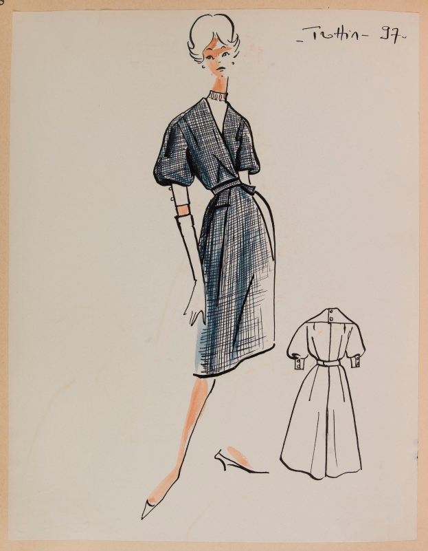 Eine Zeichnung einer Frau in einem Kleid im Stil der 1960er Jahre mit einem Kragen, langen Ärmeln und einemrock, die mit gespreizten Armen und leicht geneigtem Kopf steht, mit der Aufschrift "1960er Jahre" auf dem Papier.