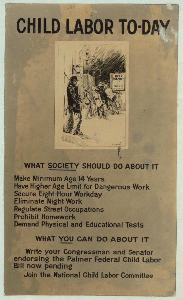 Ein Plakat mit einer Person in Anzug und Krawatte mit entschlossener Miene und fetter schwarzer Schrift, die lautet "Kinderaert zur Zeit: Was die Gesellschaft dagegen tun sollte", umgeben von einem weißen Rand.