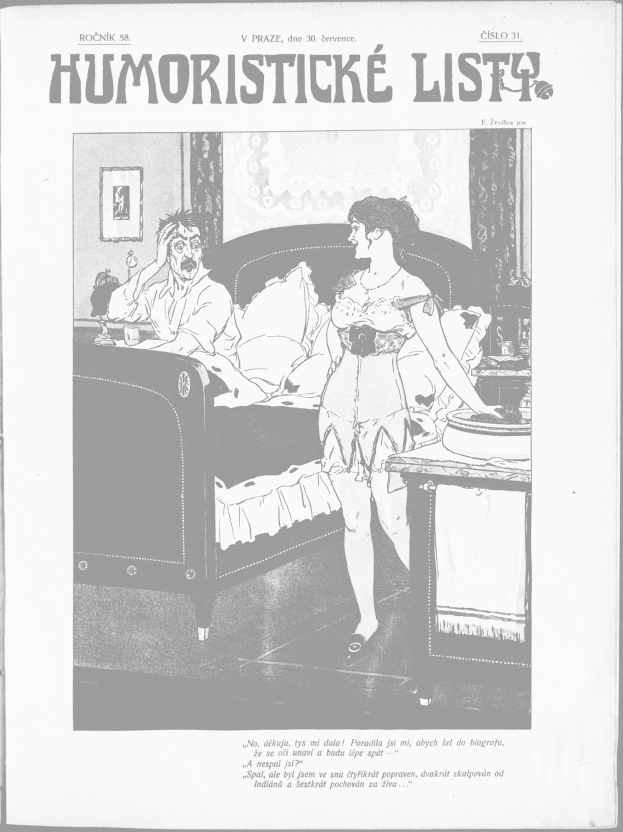 Eine Schwarz-Weiß-Zeichnung eines Mannes und einer Frau, die vor einem Bett mit Kissen, einem Tisch mit verschiedenen Gegenständen und einer Wand mit einem Foto stehen, mit der Aufschrift "Humoristische Liste" oben und unten.