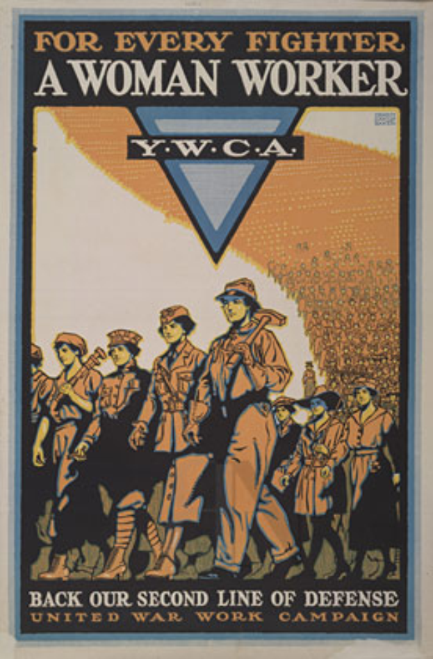 Ein Plakat an einer Wand, das eine Reihe marschierender Menschen mit der Aufschrift "Für jeden Kämpfer, eine Frauenarbeiterin" zeigt, ehrt Frauen, die während des Zweiten Weltkriegs in der US-Armee dienten.