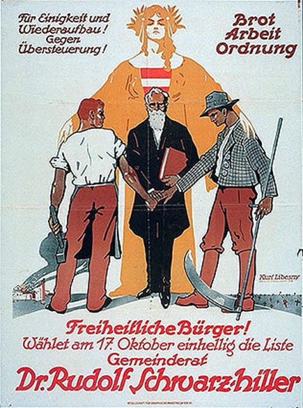Eine Gruppe von Menschen, die zusammenstehen, wobei eine Person in der Mitte ein Buch hält, auf einem deutschen Propagandaplakat für Dr. Rudolf Schwarzhillers "Freiheitliche Bürger", mit zusätzlichem Text.