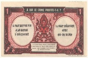 Alte französische Banknote mit einem ernst dreinschauenden Mann im Anzug, Text "A qui le crime profite-il?" und einem schwarzen Rand auf weißem Hintergrund.