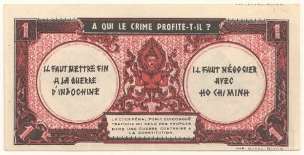 Alte französische Banknote mit einem ernst dreinschauenden Mann im Anzug, Text "A qui le crime profite-il?" und einem schwarzen Rand auf weißem Hintergrund.