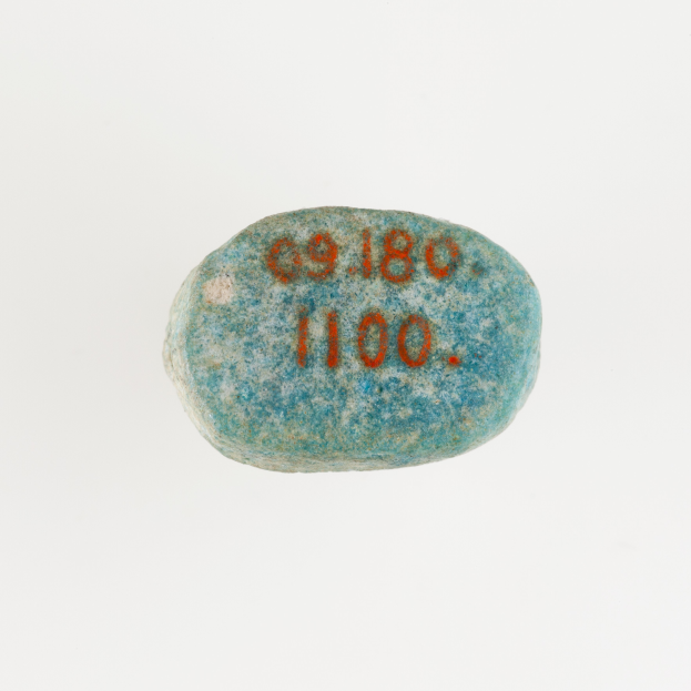 Eine blaue Pille mit orangefarbener Aufschrift auf einem weißen Hintergrund.