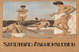 Plakat für ein Schwimmbad in Aschersleben, Deutschland, das Menschen im Wasser zeigt, darunter einen sitzenden, und Text, der Details über das Schwimmbad und seine Annehmlichkeiten angibt.