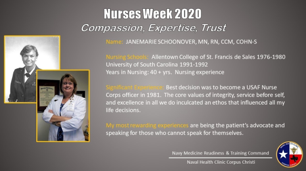 Ein Plakat mit zwei Fotos von Krankenschwestern links und Text rechts, der "Nurses Week 2020: Mitgefühl, Expertise, Vertrauen" lautet, mit einem Logo unten rechts.