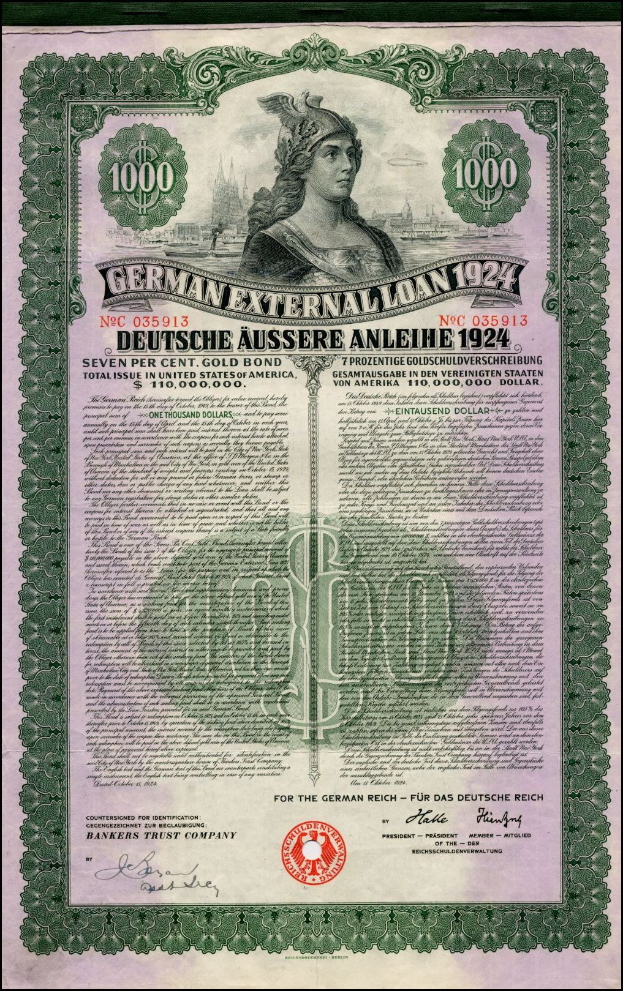 Altes deutsches Auslandsdarlehen-Dokument aus dem Jahr 1924 mit einem Porträt einer Frau, mit gedrucktem Text und numerischer Bezeichnung.