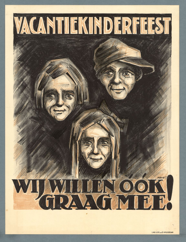 Ein Plakat mit einer Zeichnung von drei lachenden Menschen und dem Text "Vacantiekinderfest wij willen ook graag mee" oben, wirbt für ein Ereignis.