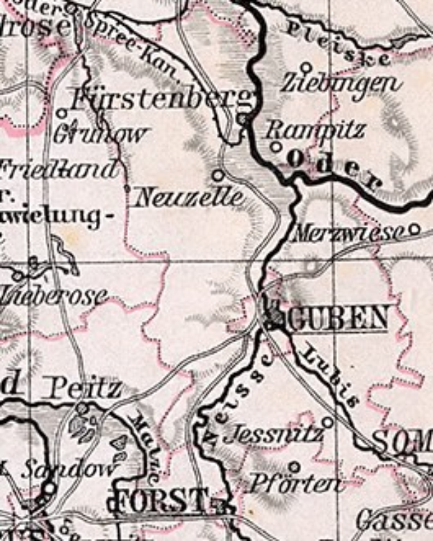 Detailierte alte Karte von Stuttgart, Deutschland, die Straßen, Gebäude und Sehenswürdigkeiten zeigt, mit begleitendem Text über Bevölkerung, Straßen und bemerkenswerte Orte.