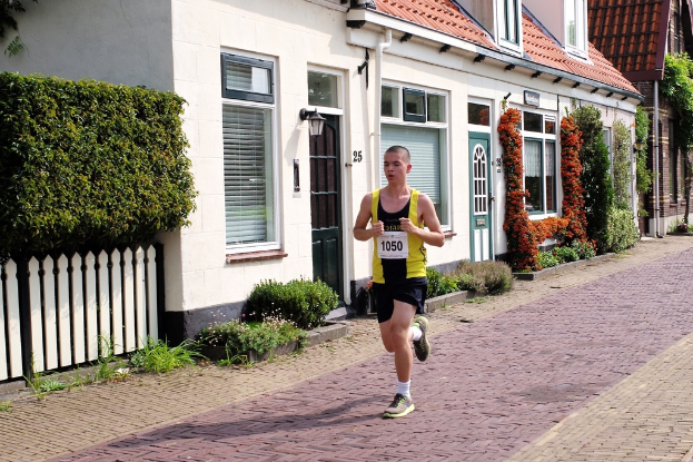 Eine Person joggt mit Pflanzen und Häusern im Hintergrund.