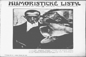 Schwarze und weiße Zeitschriftentitel 'Humoristische Liste' mit einem Mann im Anzug mit ernster Miene und einer Frau, die leicht schmunzelnd wegsieht.
