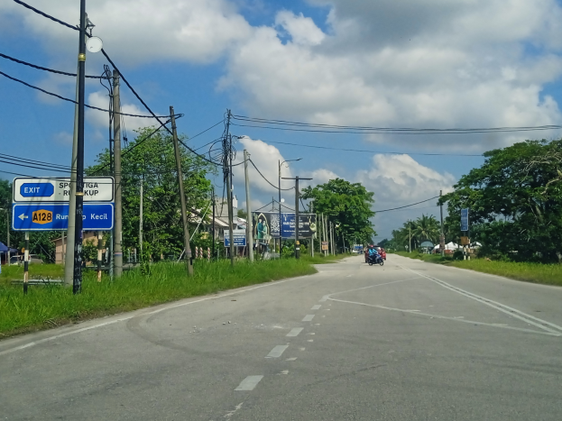 Eine Person fährt mit einem Motorrad auf einer Straße mit Strommasten, Kabeln und Straßenlaternen, mit Schildern, Gras, Pflanzen, Bäumen, Häusern und einem bewölkten Himmel im Hintergrund.