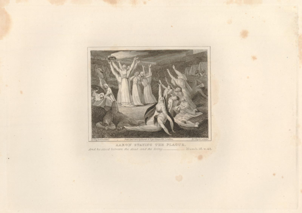 Schwarz-weißes Kupferstichbild namens "Aaron Staying the Plague", das verängstigte Menschen in einem Feld unter einer untergehenden Sonne zeigt.