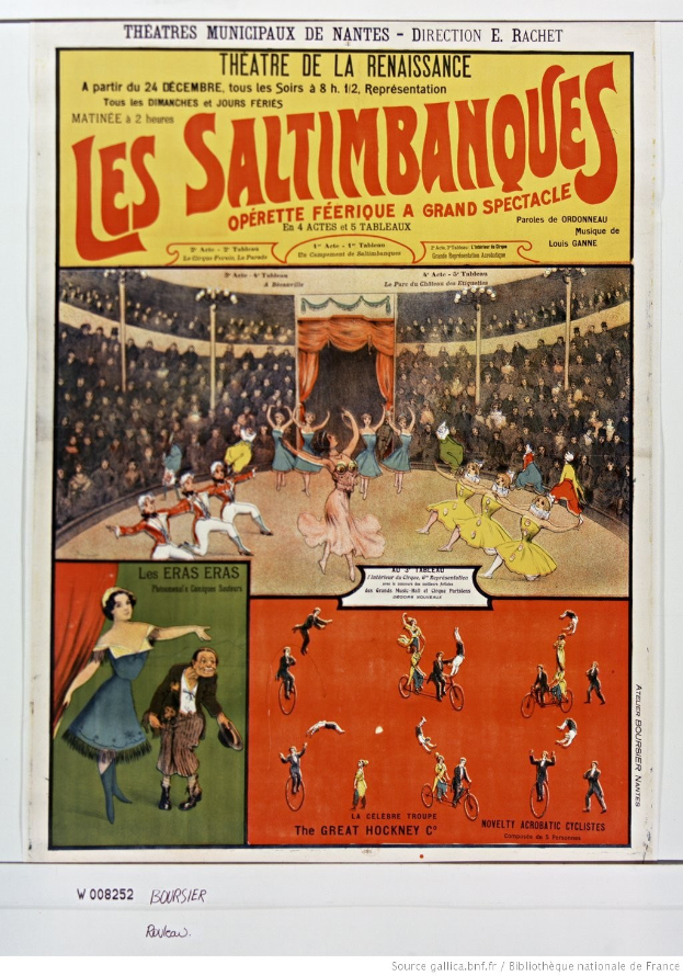 Buntes Plakat für das Musical "Les Saltimbanques" im Theatre de la Renaissance mit einer Zirkusszene-Illustration und Besetzungsdetails.