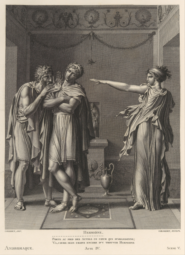 Eine Schwarz-Weiß-Gravur eines Mannes und einer Frau, die nebeneinander in einem Raum stehen, mit Text unten und dem Mann mit Schuhen.