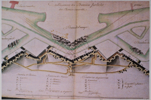 Alte Stadtkarte mit vielen Gebäuden und handgeschriebenem Text auf vergilbtem Papier.