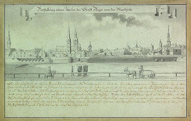 Eine Zeichnung einer Stadtlandschaft mit einer Kutsche im Vordergrund, die die Belagerung von Hamburg, Deutschland, darstellt, mit Text auf dem Papier, der die Ereignisse der Belagerung beschreibt.