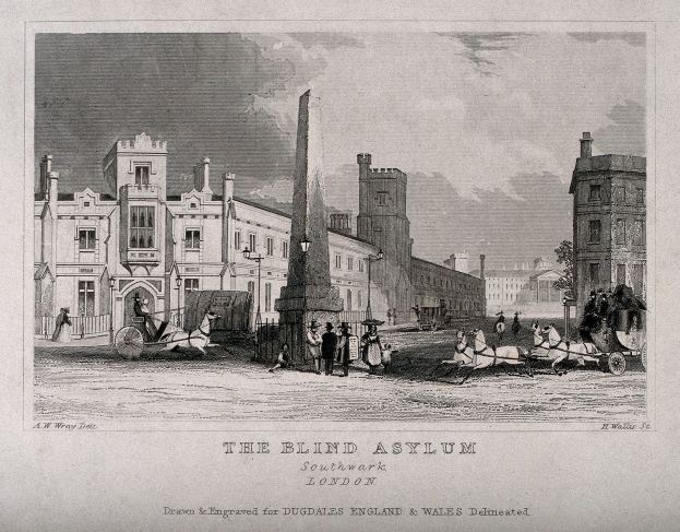 Eine Schwarz-Weiß-Zeichnung einer Straße in London mit Gebäuden, Straßenlaternen, Autos, Menschen, Bäumen und einem bewölkten Himmel, mit der Aufschrift "The Blind Asylum, Southwark, London" unten.