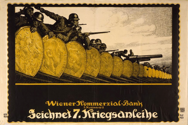 Eine Gruppe von Helmetträgern mit Waffen, darunter der Text "Wiener Kommmerzial Bank" unten, auf einem deutschen Weltkriegspropagandaplakat.