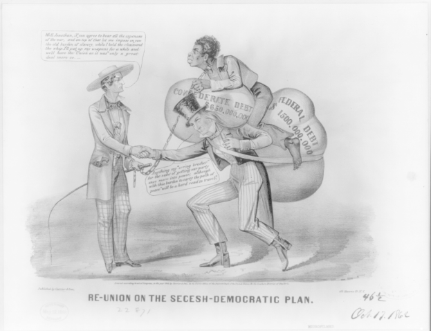 Ein Schwarz-Weiß-Cartoon auf einem Blatt Papier, das zwei Männer beim Handschlag zeigt, wobei einer einen Rucksack trägt, mit der Aufschrift "Wiedervereinigung auf dem secesh-demokratischen Plan".