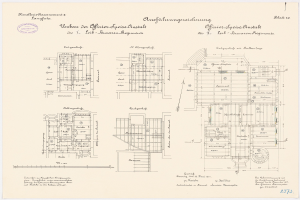 Grundrisszeichnung des ehemaligen Bundeskanzleramts in der Bundesrepublik Deutschland, zeigt detaillierte architektonische Entwürfe und Texte.
