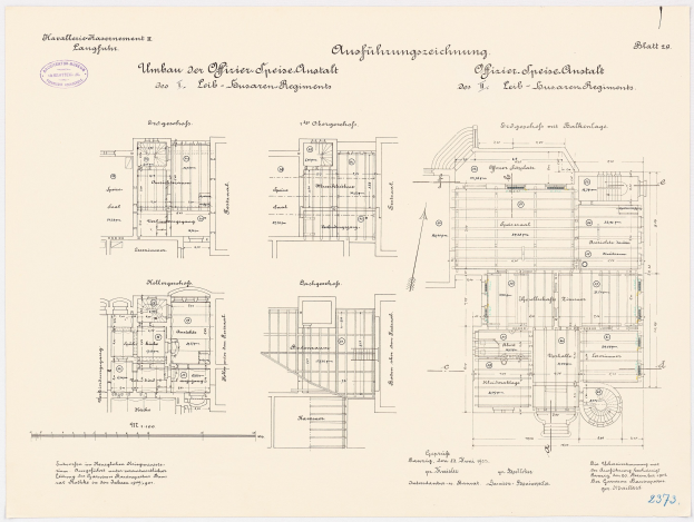 Grundrisszeichnung des ehemaligen Bundeskanzleramts in der Bundesrepublik Deutschland, zeigt detaillierte architektonische Entwürfe und Texte.