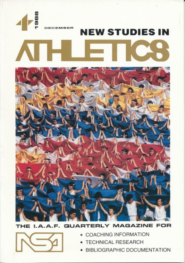 Ein Buchumschlag mit der Aufschrift 'Neue Studien im Leichtathletik 1988', der eine Gruppe von Menschen in Sportkleidung während des Trainings zeigt, mit einem hellblauen Himmel, weißen Wolken und fernen Bäumen im Hintergrund.
