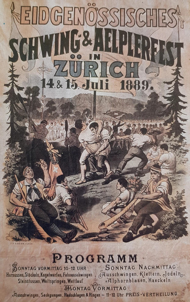 Ein altes Plakat, das ein Festival in Zürich, Schweiz, bewirbt, zeigt eine Gruppe von Menschen, einige halten Stöcke, mit Bäumen im Hintergrund und Text, der Festival-Informationen enthält.