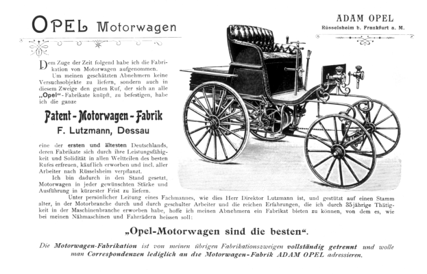 Schwarze und weiße Anzeige für einen Opel Motorwagen, der das historische Fahrzeug mit begleitendem Text zeigt.
