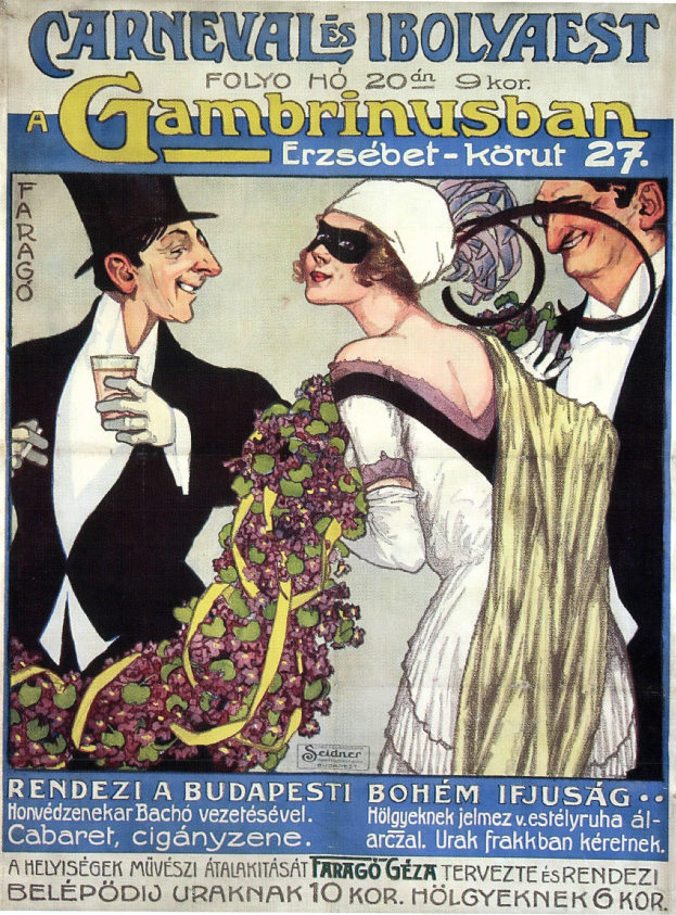 Ein Plakat, das einen Karneval in der Tschechischen Republik ankündigt, zeigt einen Mann und eine Frau nebeneinanderstehend, wobei der Mann ein Glas hält, und wahrscheinlich den Karneval ankündigenden Text.