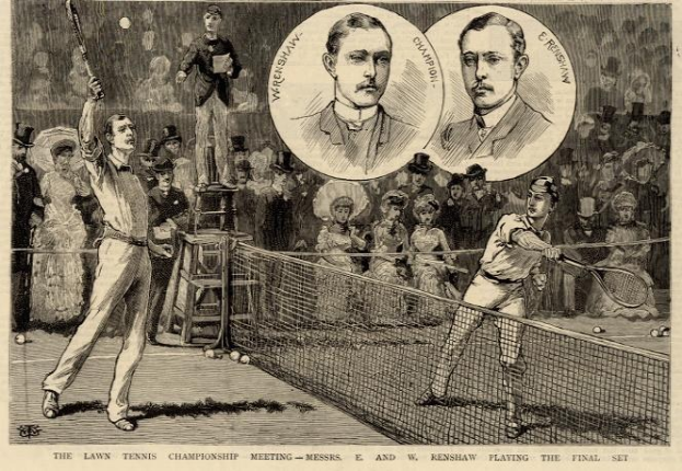 Schwarze und weiße Zeichnung von zwei Männern, die auf einem Platz mit einem Netz Tennis spielen, umgeben von Zuschauern, und Text unten mit der Aufschrift "The Lawn Tennis Championship Meeting - Messers, E und W Renshaw spielen das entscheidende Spiel."