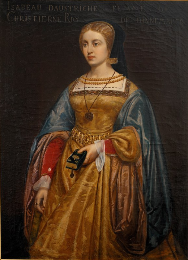 Gemälde von Isabella daustriche von Christierne Roy, das eine Frau in einem goldenen Kleid mit detaillierten Verzierungen zeigt, mit einem Dutt und einem seren und regal Ausdruck.