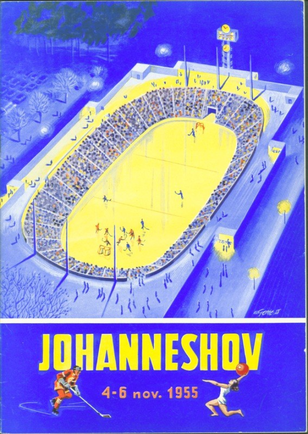 Plakat aus dem Jahr 1955, das ein Eishockeyspiel in Johannesburg, Sädafrika, ankündigt und ein volles Stadion mit Bäumen und Lichtern sowie Text und Zahlen zeigt.