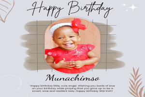 Eine Geburtstagskarte mit einem Foto eines Mädchens in einem roten Kleid, bunten Ballons, Girlanden und Konfetti und dem Text "Happy Birthday!" in einer festlichen Schriftart.