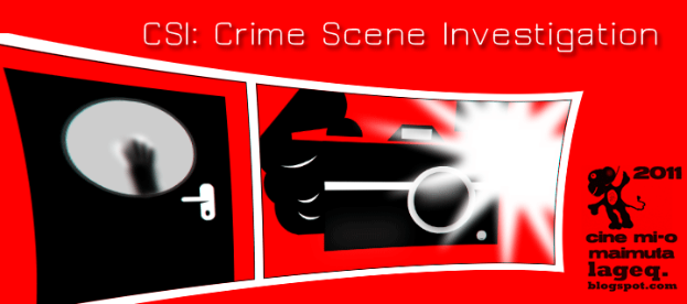 Ein rotes Plakat mit "CSI Crime Scene Investigation" in weißer Schrift, das einen Menschen in einer schwarzen Kapuzenjacke mit entschlossener Miene zeigt, umgeben von einem schwarzen und weißen Rand, vor einem dunklen blauen Hintergrund.
