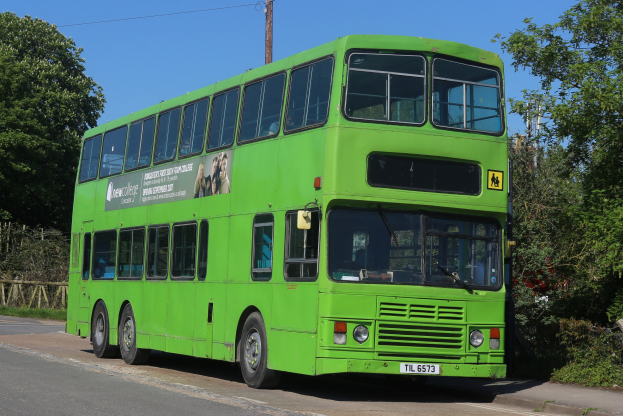 Ein grüner Doppeldeckerbus fährt eine von Bäumen gesäumte Straße entlang mit einem Strommast und einem klaren blauen Himmel im Hintergrund.