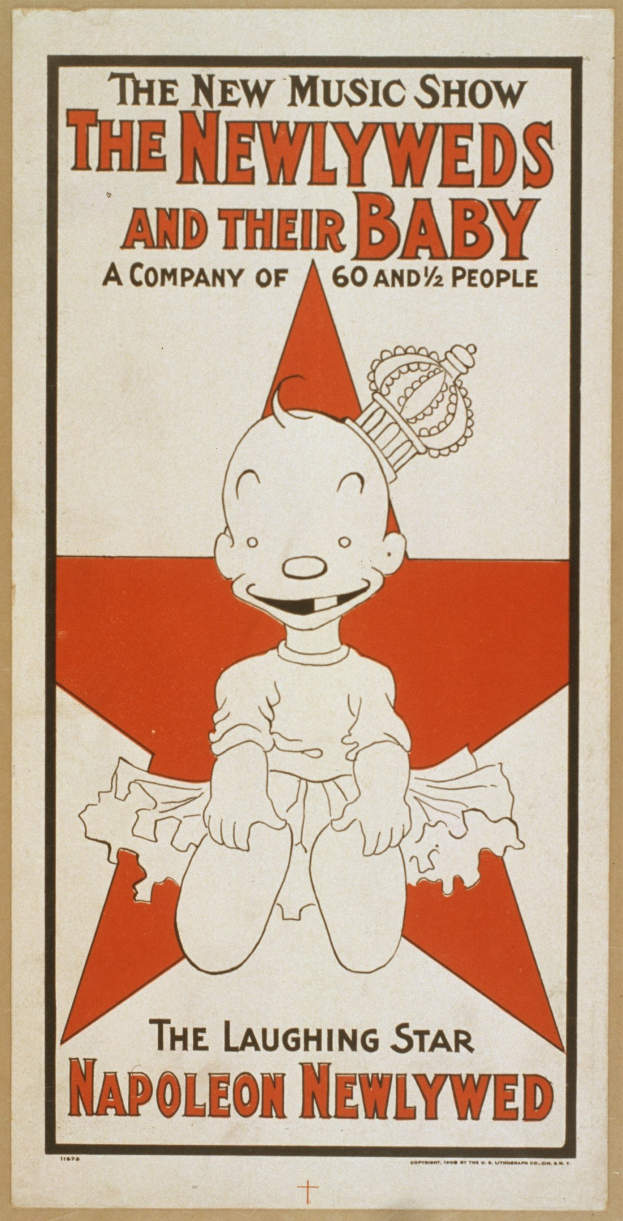 Plakat für "The New Music Show: The Newlyweds and Their Baby" mit einer Cartoon-Baby in einem weißen Strampler mit pinker Krawatte, das gegen einen hellblauen Hintergrund mit verstreuten Sternen und fetter schwarzer Schrift lächelt.