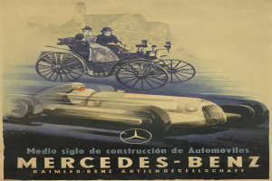 Vintage Mercedes-Benz-Werbung aus den 1930er Jahren, die ein Plakat mit einem Auto, zwei Personen darin und einem Geb├Ąude im Hintergrund zeigt, begleitet von beschreibendem Text.