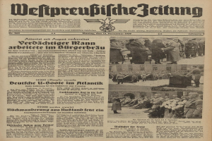 Schwarze und weiße Titelseite einer deutschen Zeitung vom 13. November 1939, betitelt "Weitpreubliche Zeitung", mit einem Gruppenbild von Menschen in traditioneller deutscher Kleidung in einer feierlichen Atmosphäre.