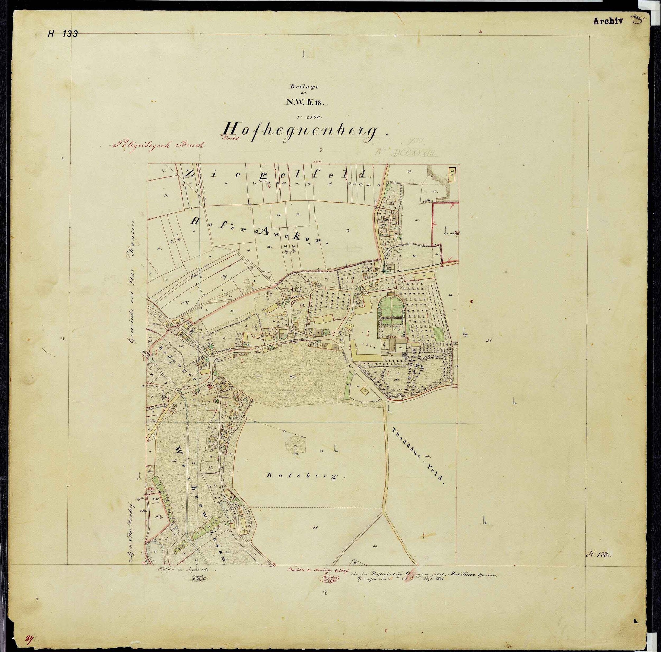 Alte Karte von Hofhegenberg, Deutschland, mit schwarzem Rand, zeigt Straßen, Gebäude und Sehenswürdigkeiten.