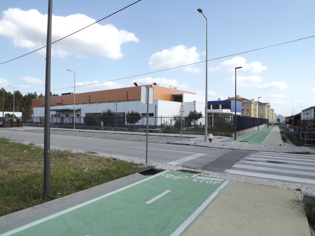 Eine Stadtstraße mit einem grünen Fahrradweg in der Mitte, umgeben von Gras, Pfählen, Laternen, Brettern, Zäunen, Pflanzen, Bäumen und Gebäuden unter einem bewölkten Himmel.