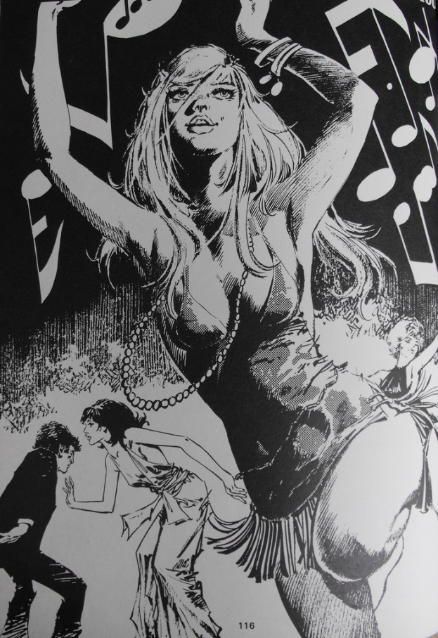 Ein Gemälde, das ein paar tanzende Menschen mit musikalischen Noten oben darstellt.