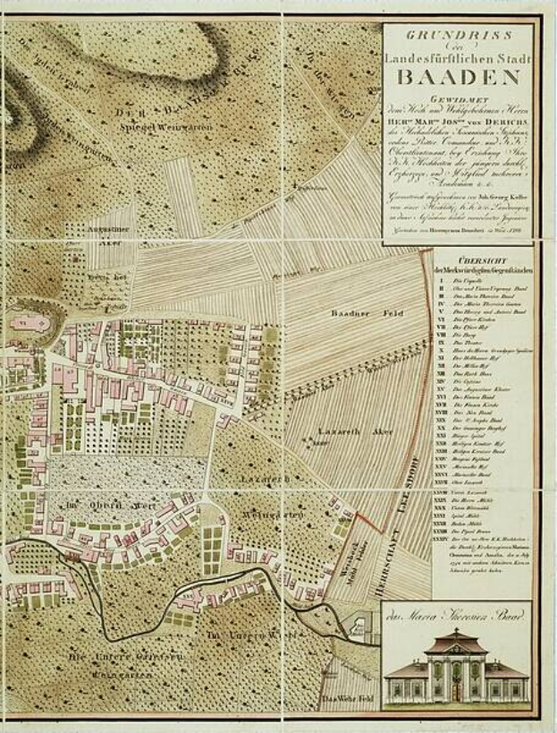 Ein detaillierter alter Stadtplan von Baden-Württemberg, Deutschland, der Straßen, Gebäude und Sehenswürdigkeiten zeigt, mit einem Gebäude im rechten unteren Eck und Text, der Stadtinformationen bereitstellt.